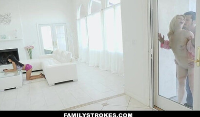 Dirty MILF fucks her stepson in his girlfriend's presence