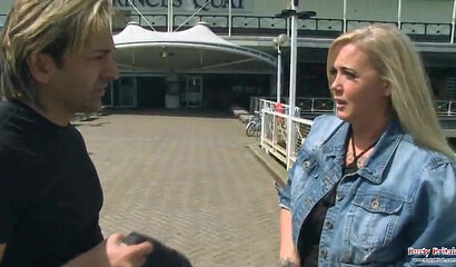 Chubby cougar gets her big tits worshiped & fucked in public