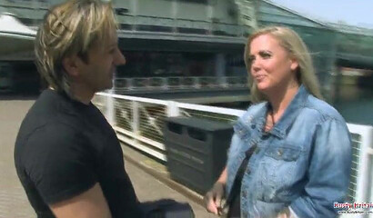 Chubby cougar gets her big tits worshiped & fucked in public