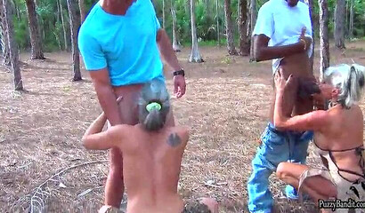 Lusty grannies get destroyed in an outdoors orgy