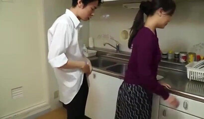 Japanese milf fucked by the young buck and got a sticky semen present