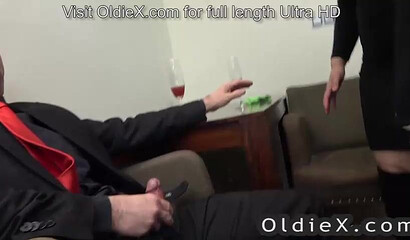 Senior house owner enjoy old and young threesome