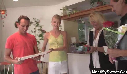 Old parents fuck his young GF on the birthday