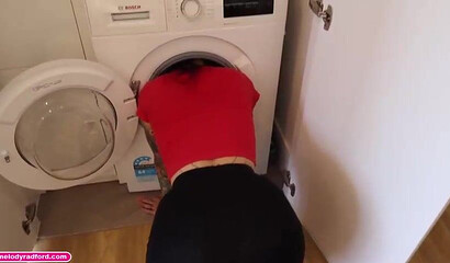 BIG TIT Big ASS Mature Aussie Step MOM Stuck In Washing Machine Trying To Wash Fucked By Step Son Then Left Helpless Covered In Cum - Melody Radford
