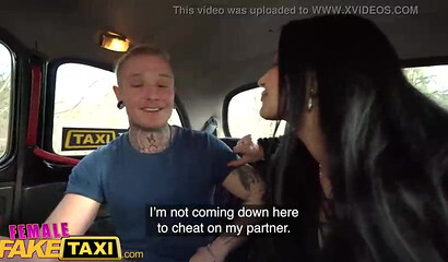 Female Fake Taxi Sexy MILF in black suspenders convinces him to cheat on his fiance
