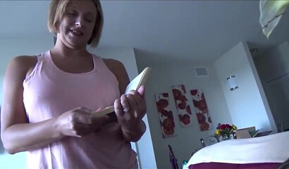 Stepmom asks for a massage but her pussy ends up getting massaged